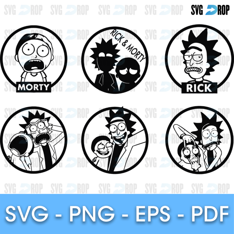Black and white Rick and Morty circle portraits: Morty and Rick with name tags, the pair together, Rick and Morty screaming and a Rick. SVG bundle