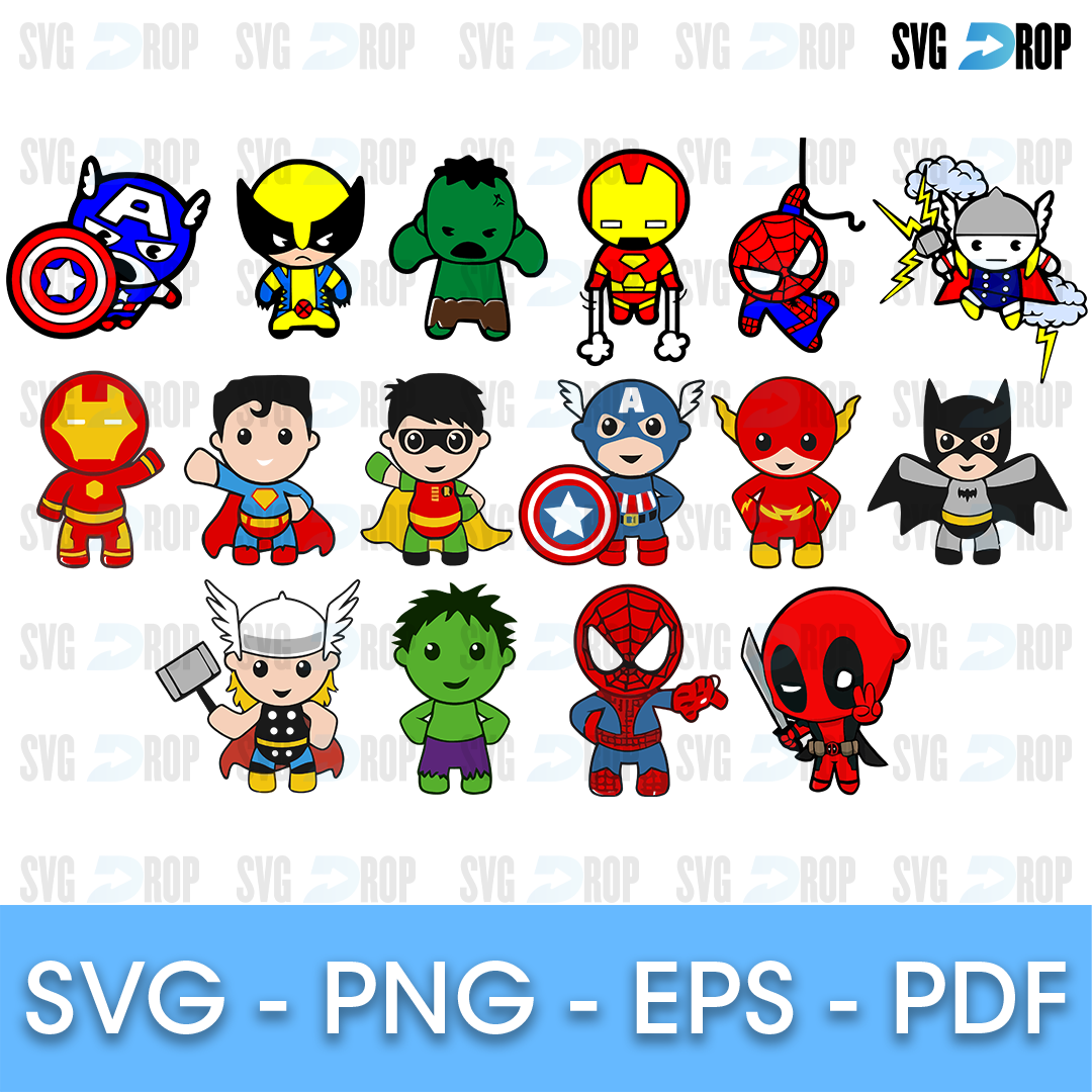 A sheet of full color chibi superheroes: Captain America, Wolverine, Hulk, Iron Man, Spider-Man, Thor, Superman, Robin, The Flash. SVG cut file