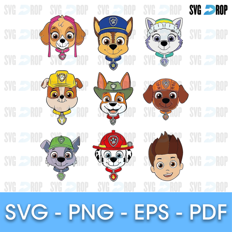 A set of full color Paw Patrol pup heads with collars and badges: Skye, Chase, Everest, Rubble, Tracker, Zuma, Rocky, Marshall and Ryder. SVG cut file