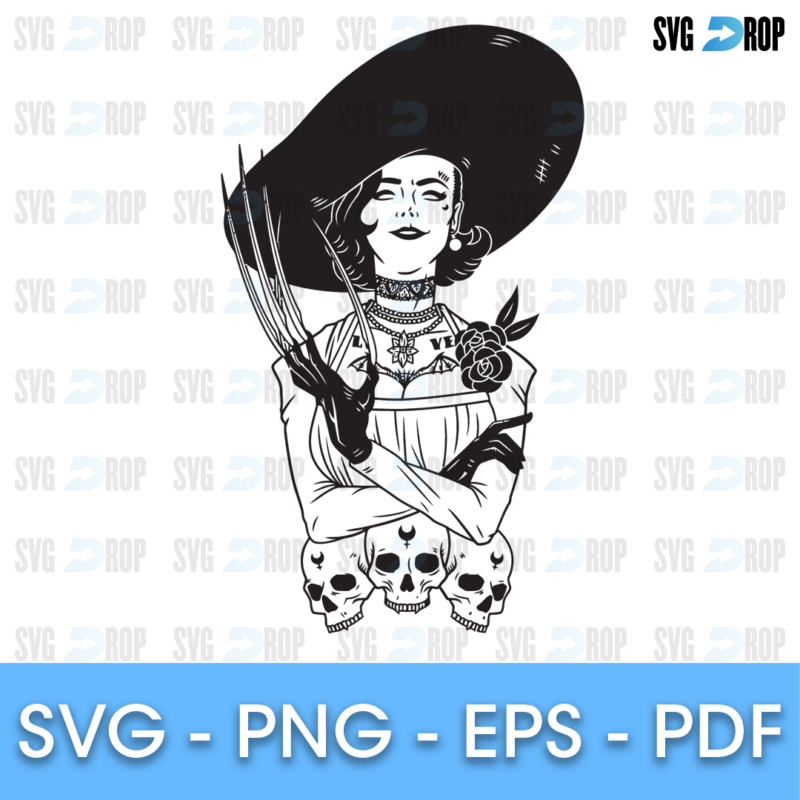 A black line art portrait of Lady Dimitrescu from Resident Evil: the tall woman in a wide brimmed hat and pearls, with claws, a rose. SVG cut file