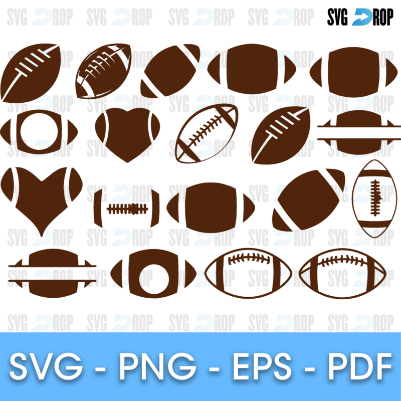 An American football set in brown: football silhouettes, split monogram footballs, heart footballs, laces and footballs with stitch. SVG cut file