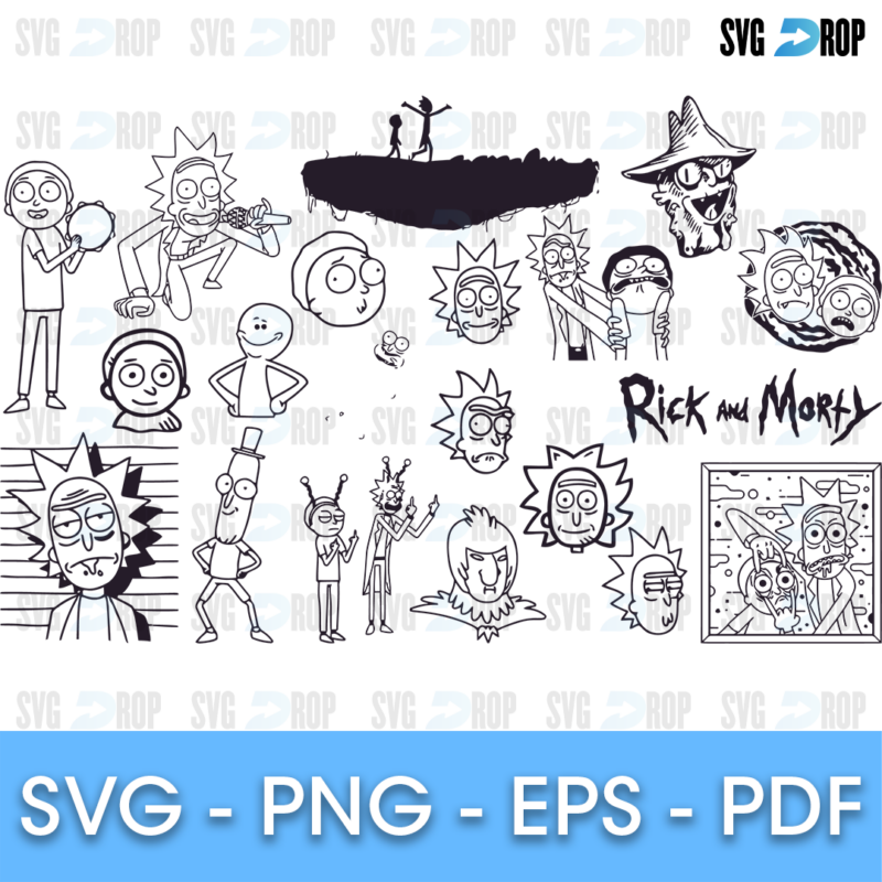 Black line art from Rick and Morty: Rick, Morty and friends, a portal, the pair standing on a floating rock and Rick and Morty lettering. SVG bundle