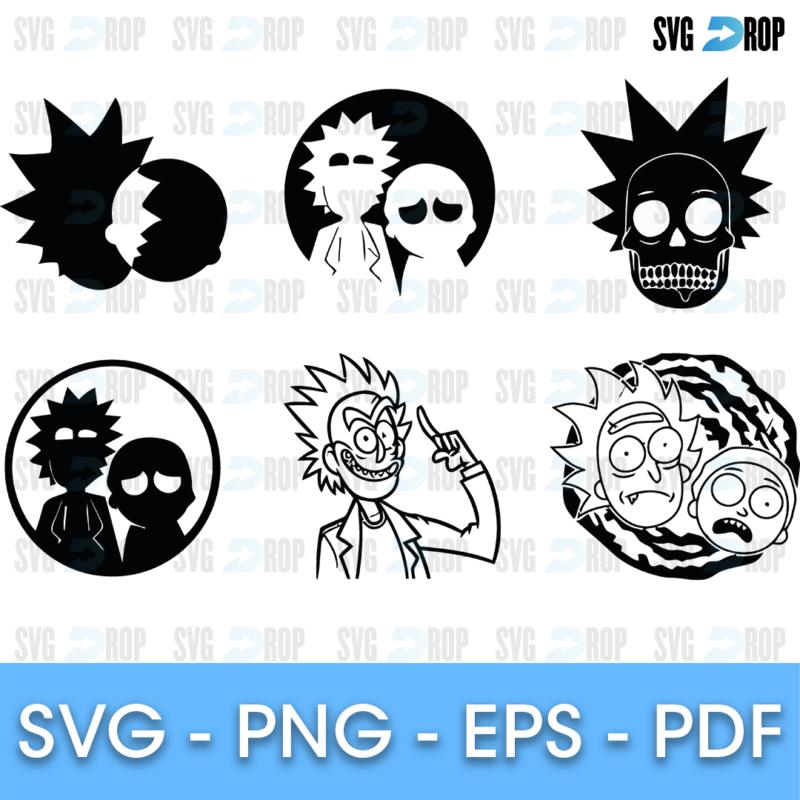 Black Rick and Morty silhouettes: Rick and Morty heads, a skull faced Rick, circle portraits of the pair and a Rick and Morty face split. SVG bundle