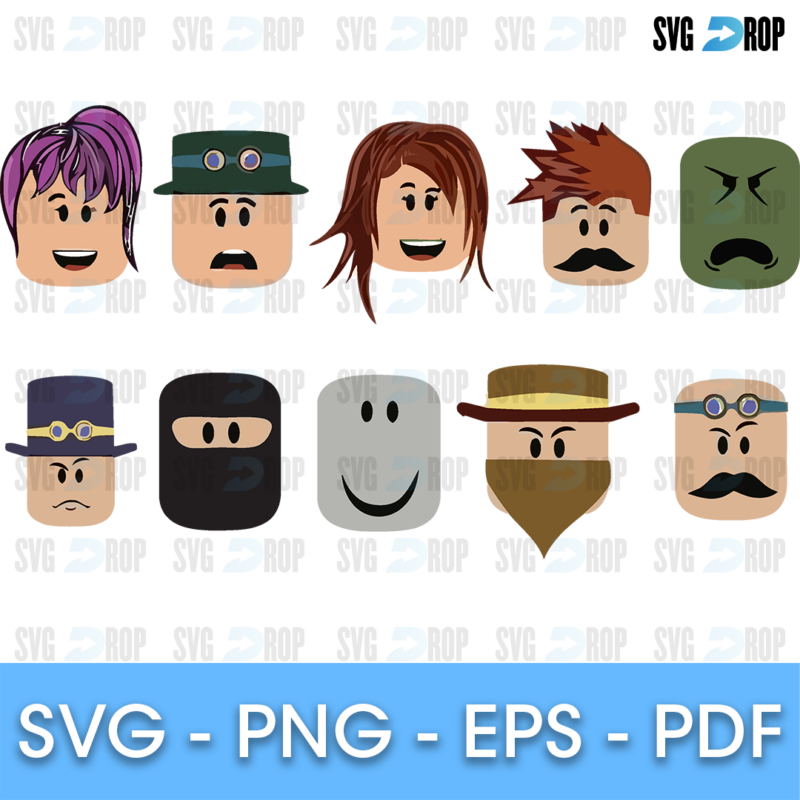A sheet of full color Roblox avatar faces: blocky heads with different hairstyles, hats, a ninja mask, a beard, a mustache, glasses. SVG bundle