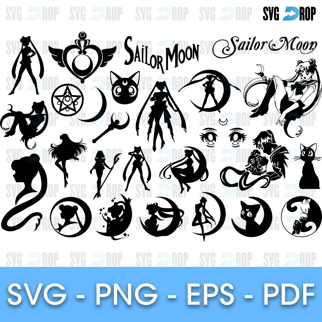 A set of Sailor Moon silhouettes: Sailor Moon and the Sailor Scouts in poses, Luna the cat, the crescent brooch, wands, a pentagram. SVG cut file