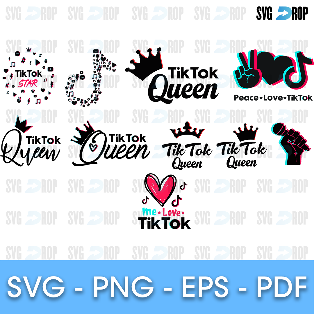 A TikTok logo set: the TikTok note logo, TikTok Queen and TikTok Star lettering with crowns, Peace Love TikTok with a peace hand. SVG bundle