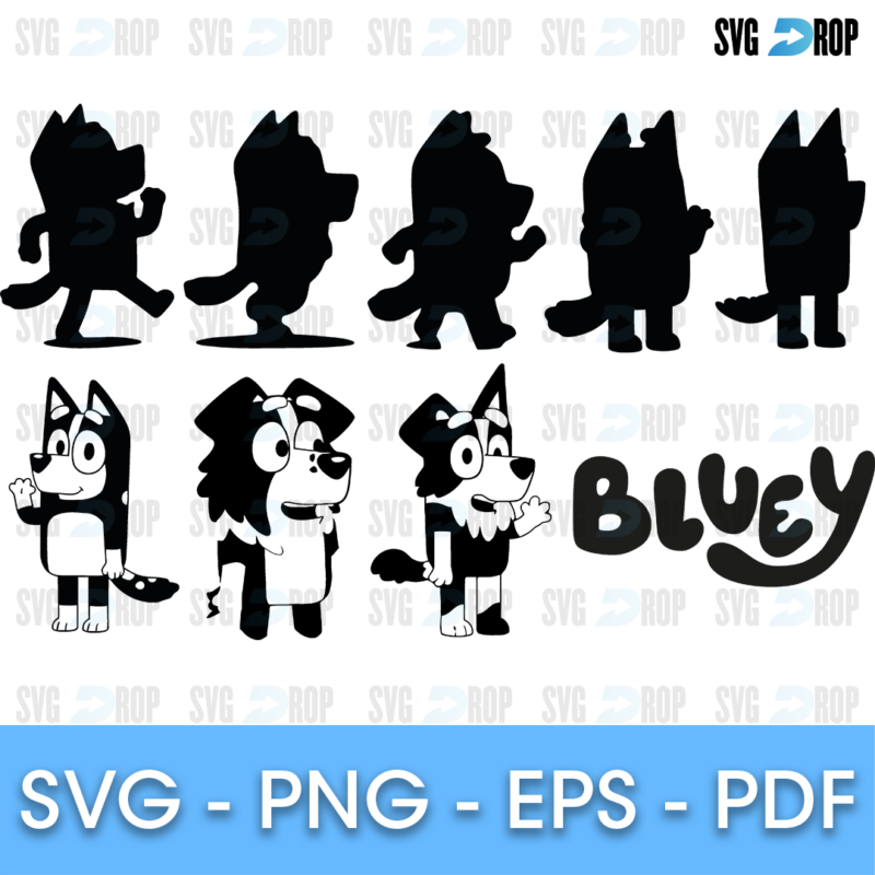 Bluey Silhouette Characters and Logo SVG