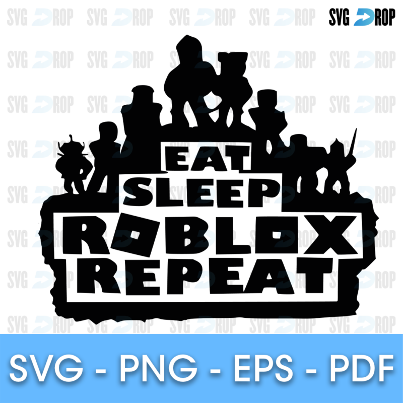An Eat Sleep Roblox Repeat design in black: a crowd of Roblox character silhouettes on top of a distressed block with Eat Sleep Roblox. SVG cut file