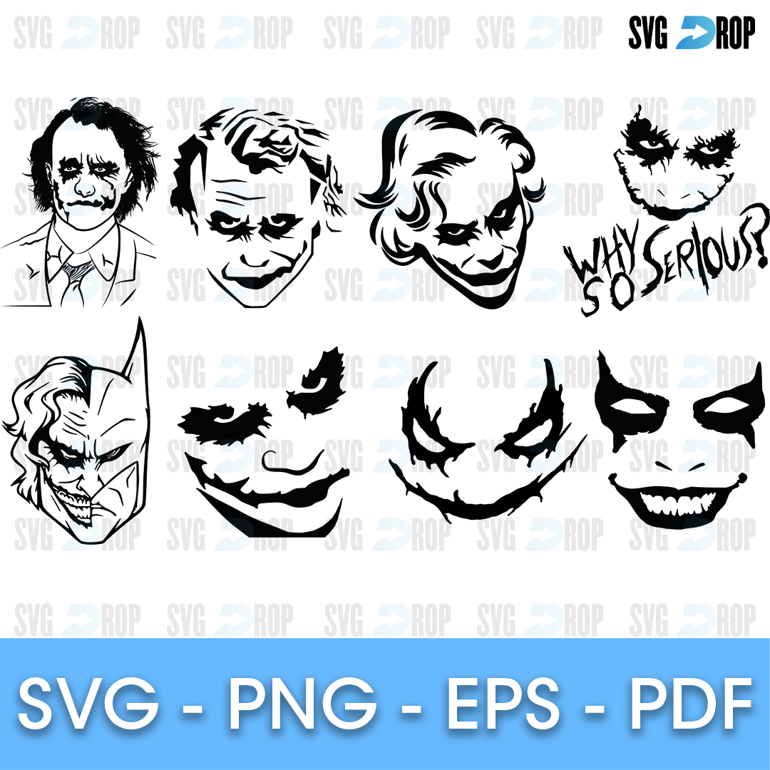 A black line art and silhouette Joker set: detailed Joker face portraits, a half Batman half Joker face, Joker smile and eye shapes. SVG bundle