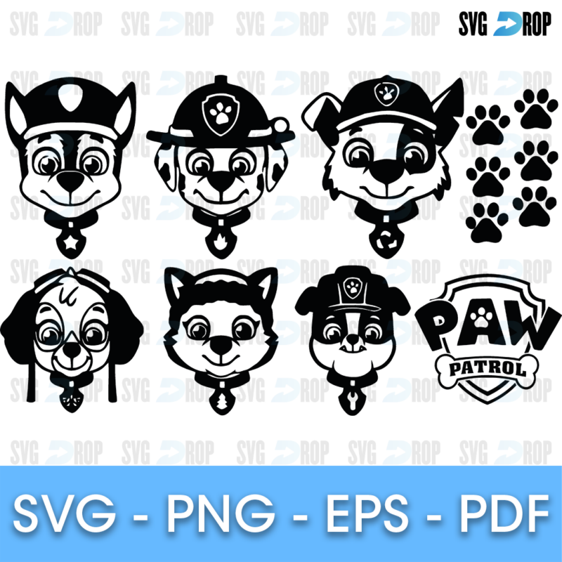 A set of Paw Patrol pup head silhouettes in black and white: Chase, Marshall, Rubble, Skye, Rocky, Zuma, paw prints and the Paw Patrol. SVG cut file