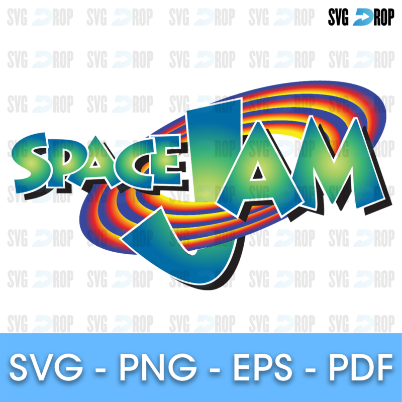 A full color Space Jam logo: the green Space and orange Jam lettering over a red, yellow and purple orbiting ring. SVG cut file