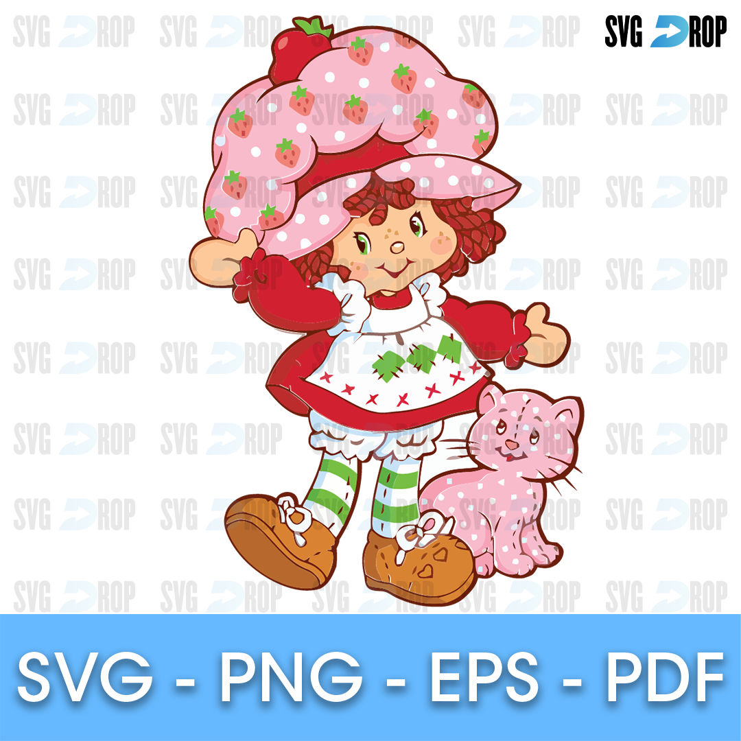 A full color Strawberry Shortcake design: Strawberry Shortcake in her strawberry print bonnet and green striped stockings, walking. SVG cut file