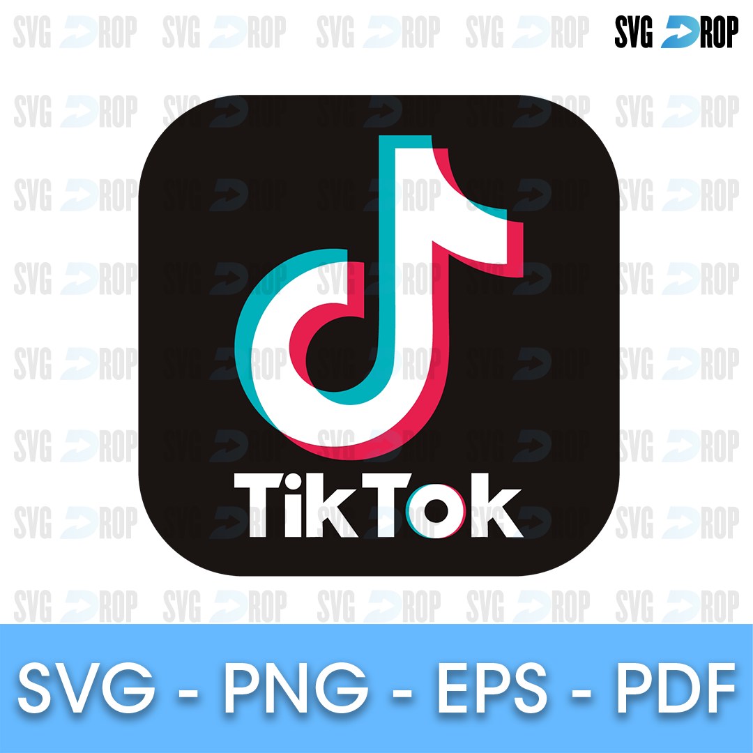 A TikTok app icon design: the music note logo in cyan, red and white on a black rounded square, with the TikTok name in white below. SVG cut file