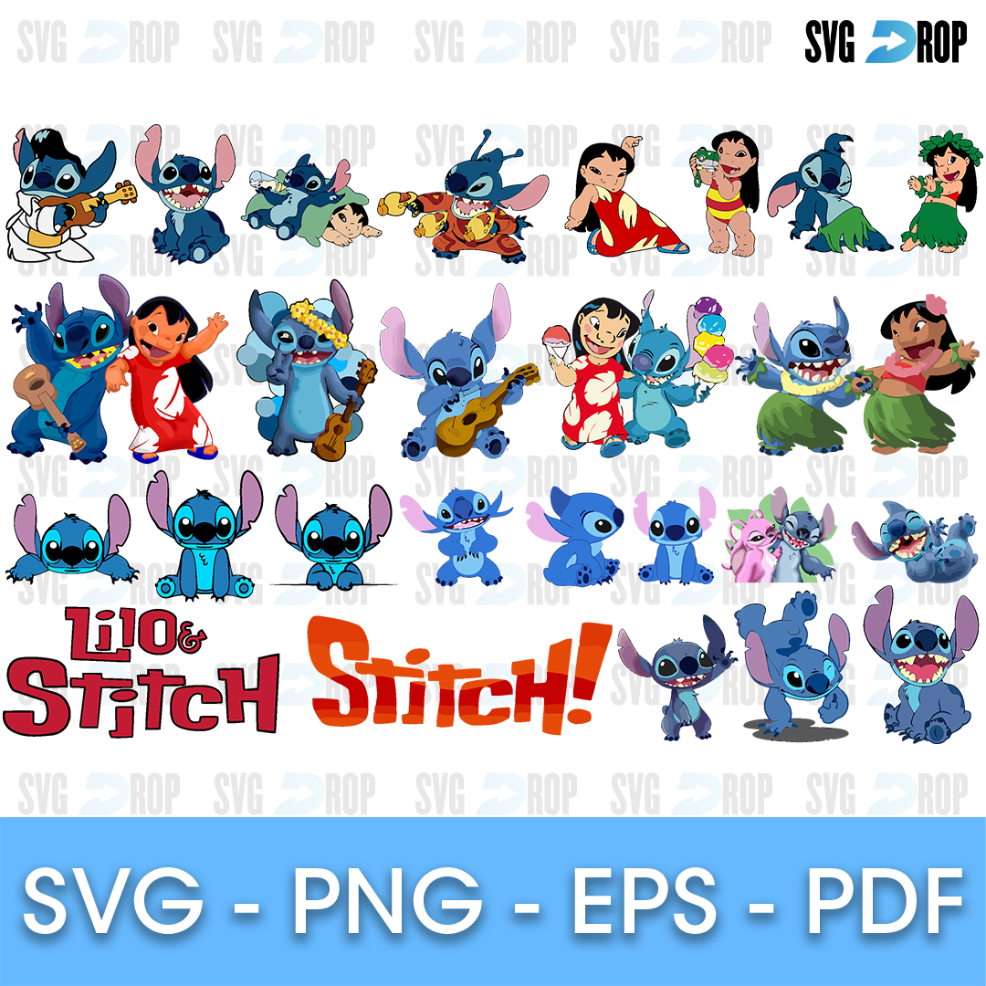 A full color Lilo and Stitch collection: Stitch playing ukulele, Lilo in a hula skirt, Stitch and Angel, plus red Lilo and Stitch. SVG bundle
