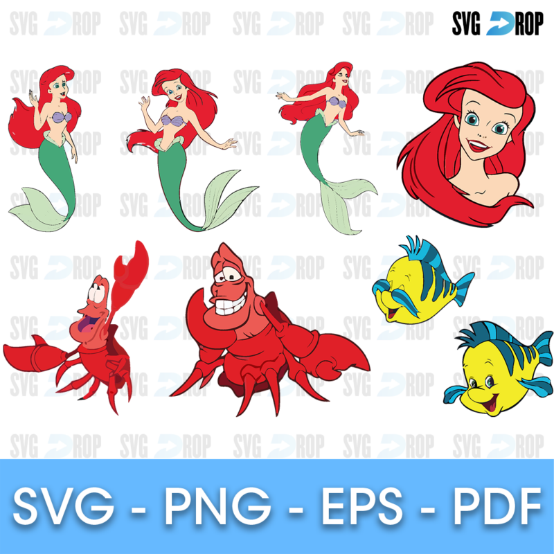Little Mermaid Ariel Sebastian and Flounder Bundle SVG