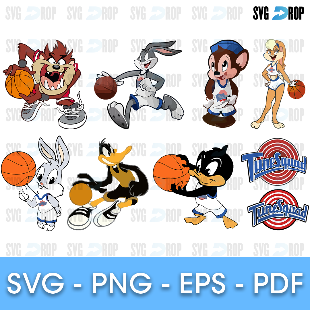 A Space Jam sheet: Taz, Bugs Bunny, Lola Bunny, Daffy Duck, Sylvester and other Looney Tunes playing basketball, plus two Tune Squad logos. SVG bundle