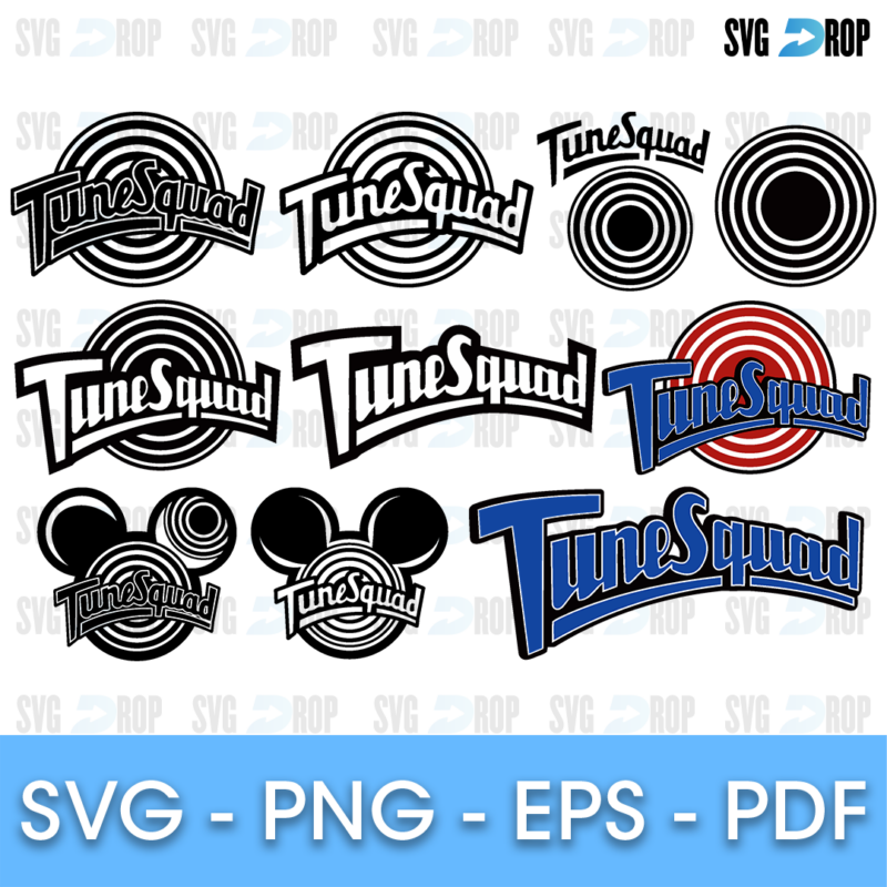 A set of Space Jam Tune Squad logos: Tune Squad lettering over swirling target circles in black, red and blue, including Mickey ear. SVG bundle