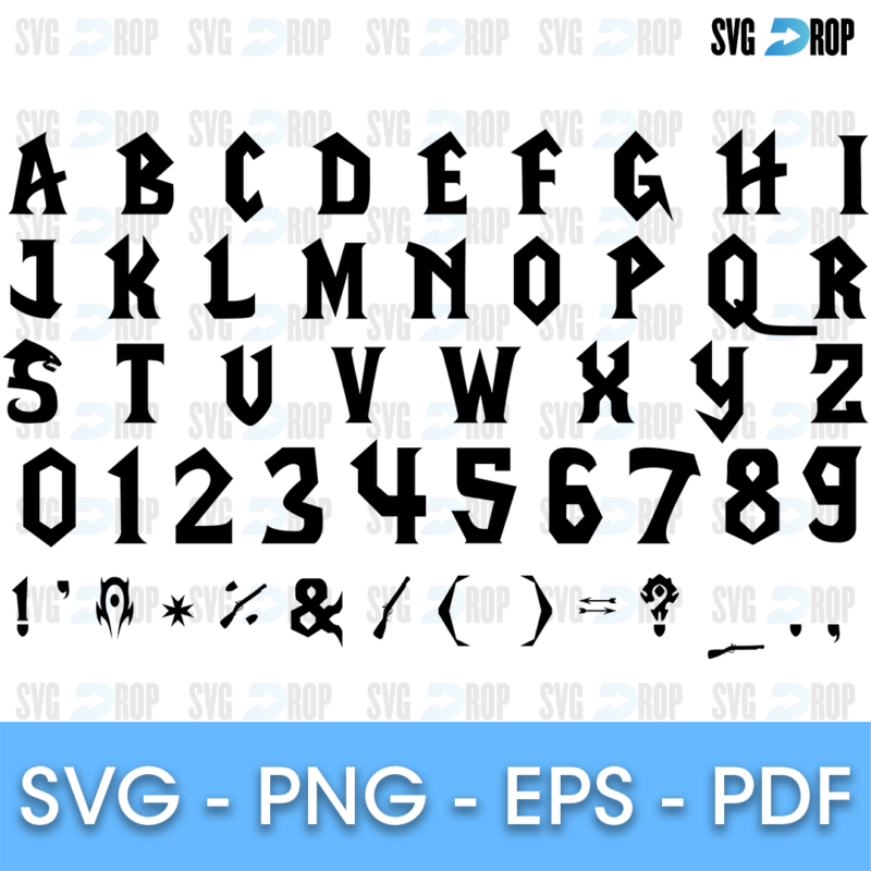 A World of Warcraft style alphabet in black angular capitals with sharp, carved serifs, plus numbers and punctuation marks. Font SVG cut file