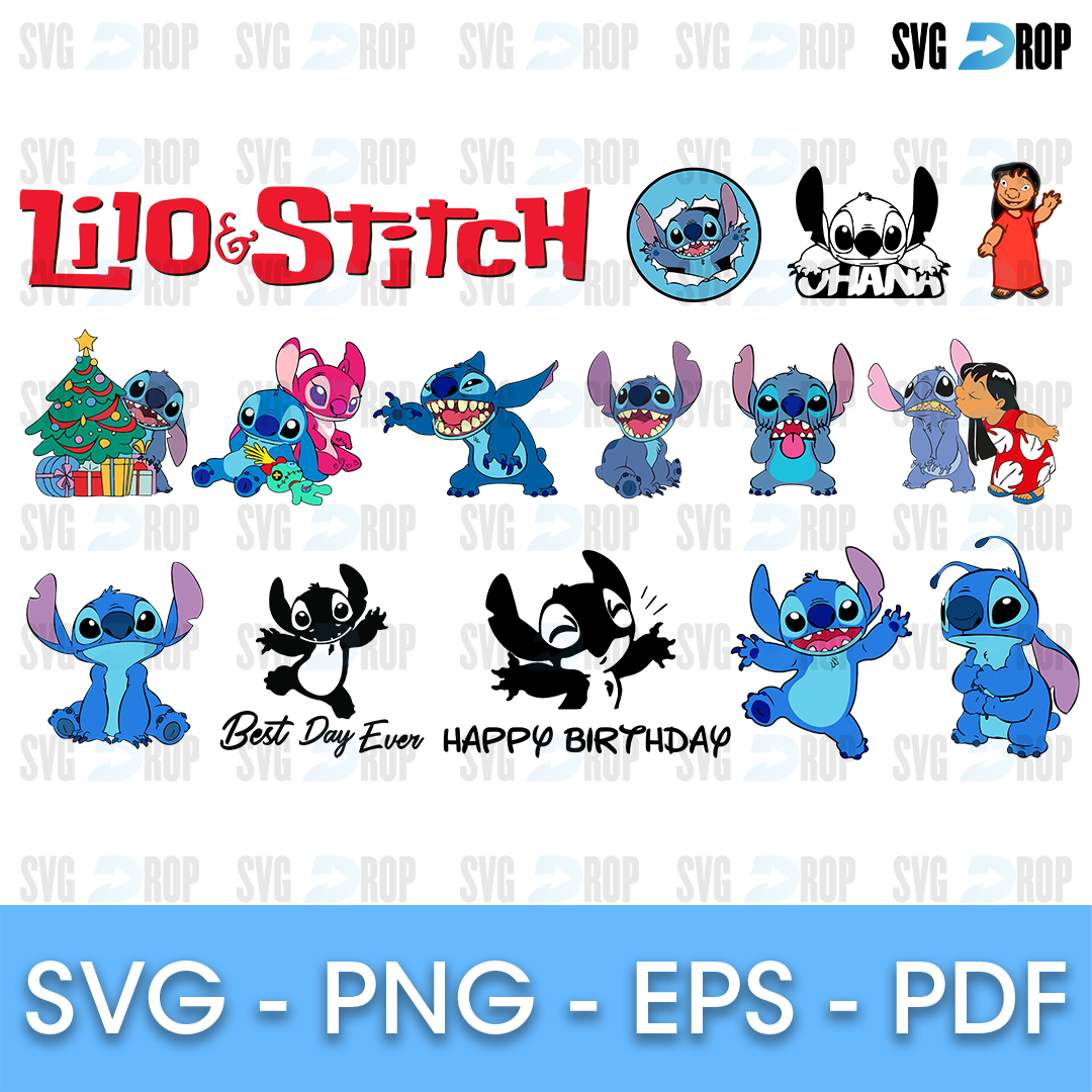 A Lilo and Stitch set: red Lilo and Stitch lettering, Ohana, Best Day Ever and Happy Birthday designs, Stitch with a Christmas tree. SVG bundle