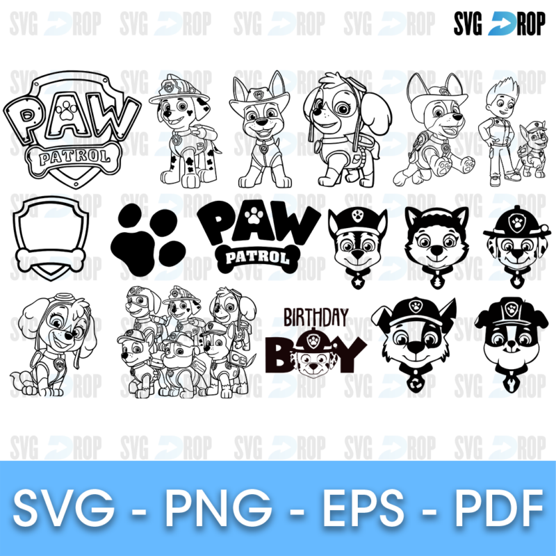 A sheet of Paw Patrol silhouettes and line art: Chase, Skye, Marshall, Rubble and other pups, paw prints, the Paw Patrol shield logo. SVG bundle