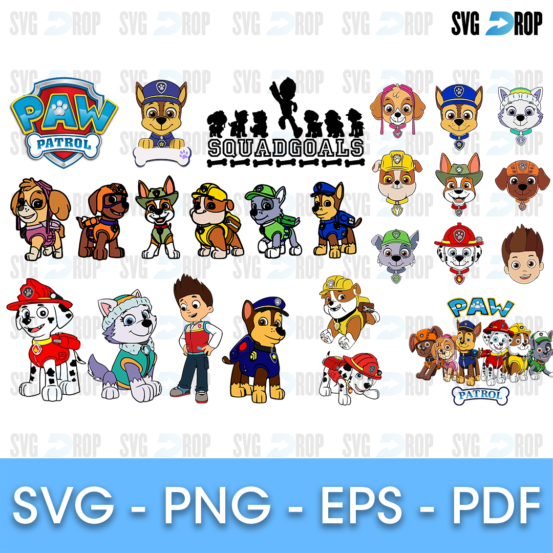 A full color Paw Patrol set: Paw Patrol logos, pup heads and full body pups, Ryder, and a Squad Goals lettering with pup silhouettes. SVG bundle