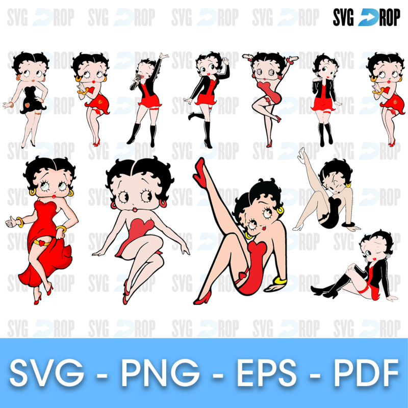 A sheet of full color Betty Boop in her short red dress: kicking, sitting, blowing kisses and posing, plus a few poses in black. SVG bundle