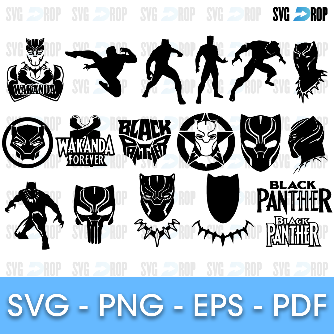 A sheet of black Black Panther silhouettes: the hero in action poses, masks, a claw necklace, a shield, Wakanda Forever lettering. SVG bundle