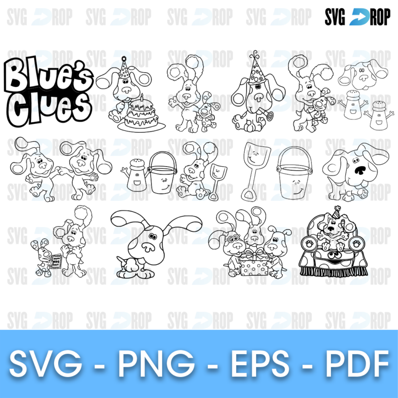 A sheet of Blue’s Clues line art designs in black: Blue the puppy playing, sitting and with a birthday cake, Magenta, the handy dandy. SVG bundle