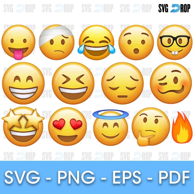 A full color emoji bundle: faces with tongue out, bandage, tears of joy, surprise, nerd glasses, big grin, pensive, woozy, star eyes. SVG bundle
