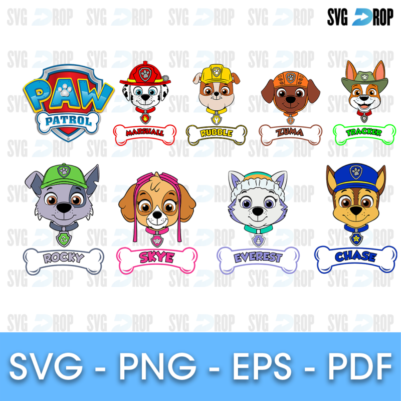 A full color Paw Patrol set: the Paw Patrol logo and pup heads for Marshall, Rubble, Zuma, Tracker, Rocky, Skye, Everest and Chase. SVG bundle