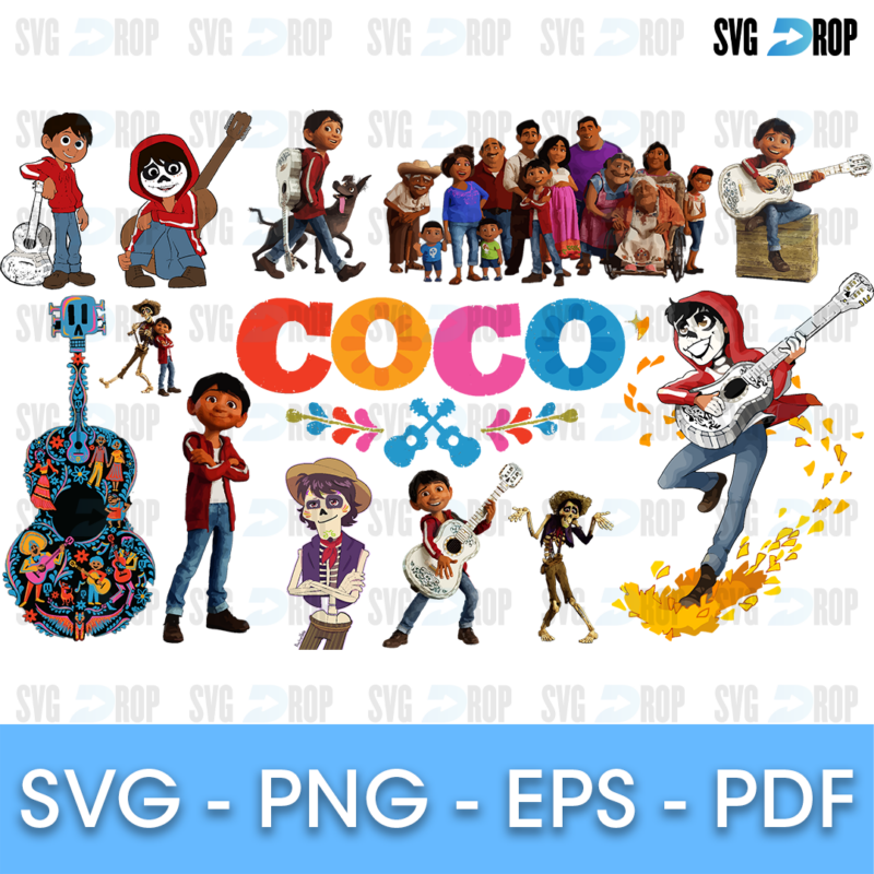 A Coco set in full color: Miguel with his guitar, Hector, Dante the dog, the Rivera family, Ernesto de la Cruz, a sugar skull guitar. SVG bundle