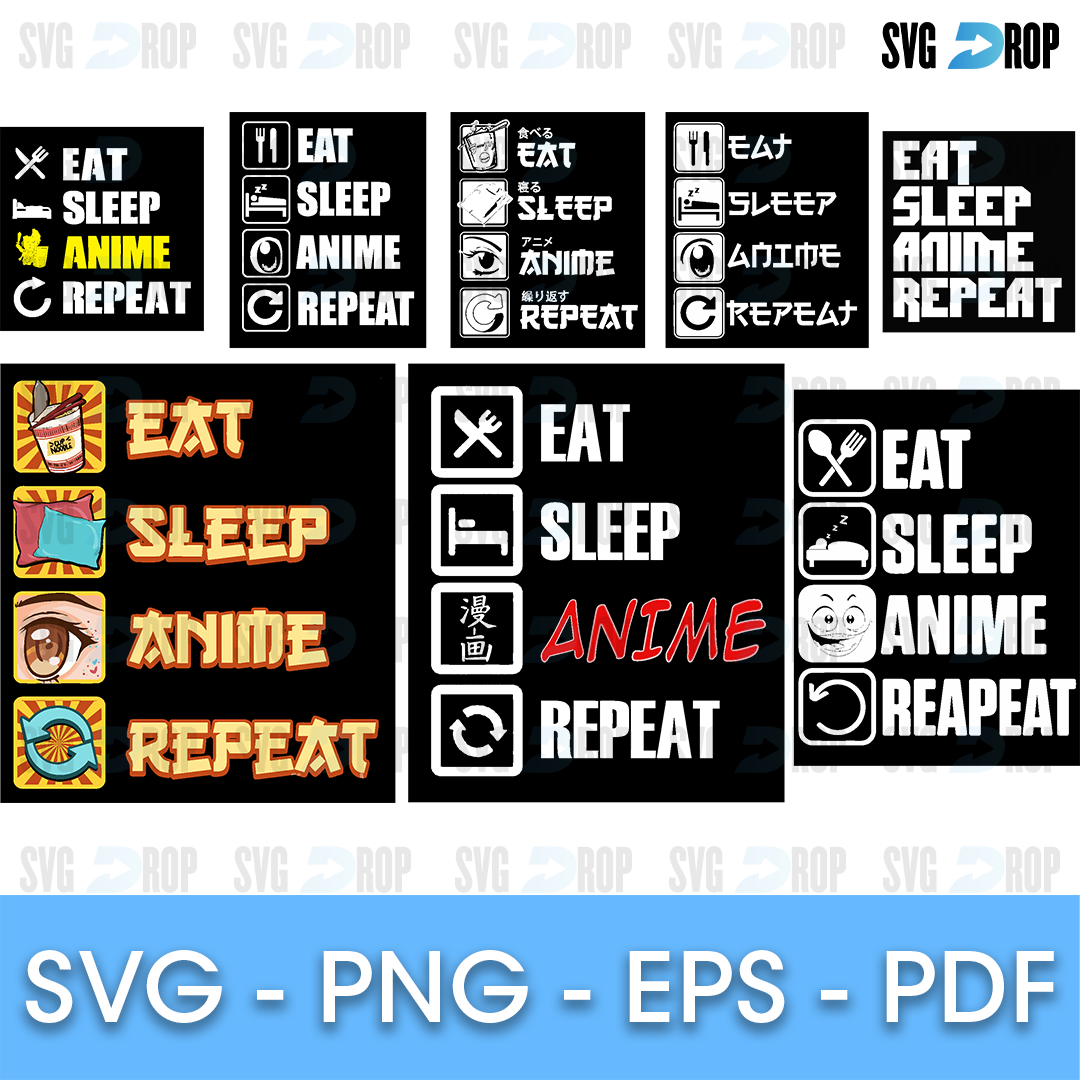 An anime lettering set: Eat Sleep Anime Repeat in black and white and in bold color panels, with icons for each word like a fork. SVG bundle