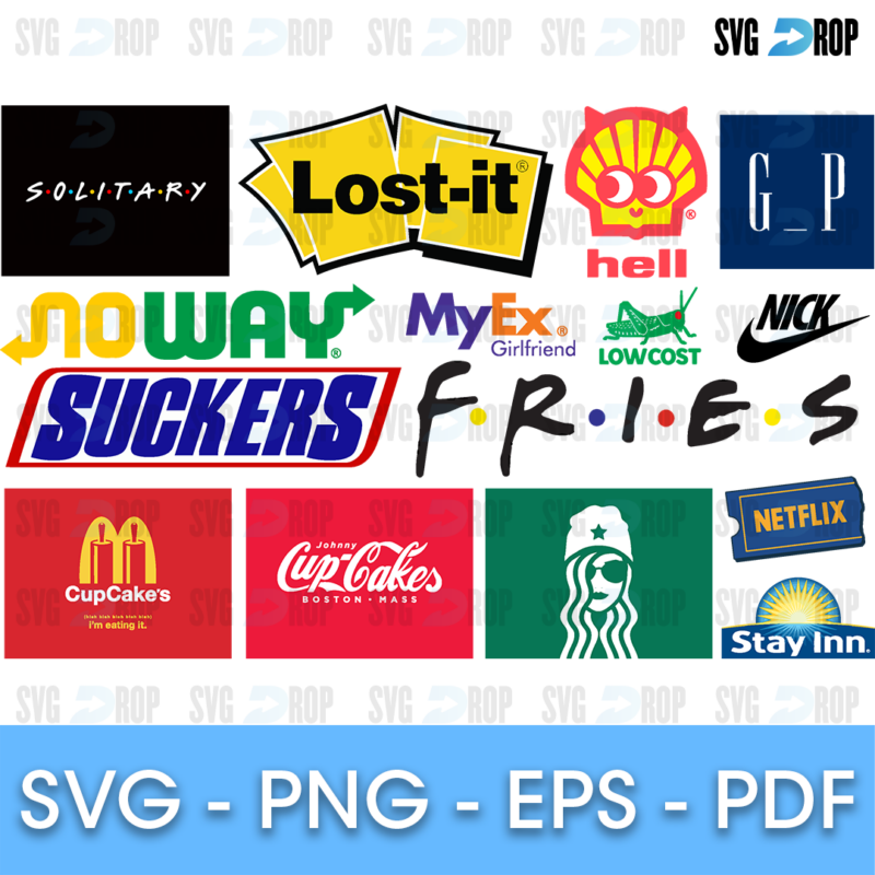 A sheet of funny parody brand logos: Lost-it, Suckers, Fries, Hell, No Way, MyEx, CupCakes, Stay Inn, Nick and Solitary designs that copy. SVG bundle