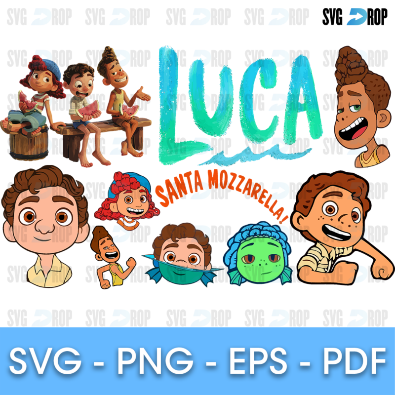 A Luca sheet: the large Luca logo, Santa Mozzarella lettering, the kids sitting on a bench, and Luca, Alberto and Giulia faces in human. SVG bundle