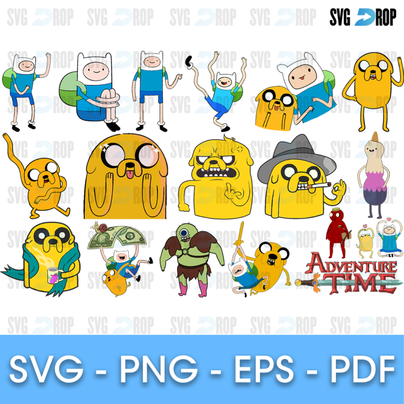 A full color Adventure Time bundle: Finn and Jake in many poses, Jake in a hat, Marceline, the Ice King and other characters. SVG bundle