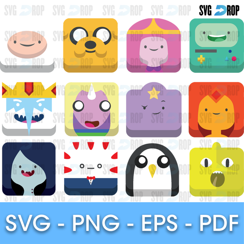 A full color Adventure Time bundle of square face icons: Finn, Jake, Princess Bubblegum, BMO, the Ice King, Lumpy Space Princess, Flame. SVG bundle
