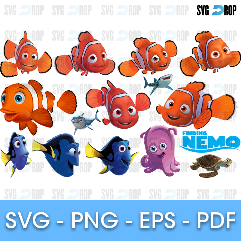 Full color Finding Nemo designs: Nemo and Marlin clownfish, Dory, Bruce the shark, Pearl the octopus, a sea turtle and the Finding Nemo. SVG bundle