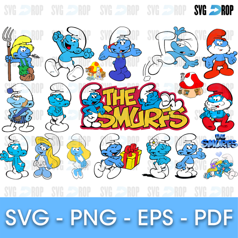 A full color Smurfs set: red The Smurfs lettering, Papa Smurf, Smurfette, a mushroom house, Smurfs with gifts and Smurfs waving. SVG bundle