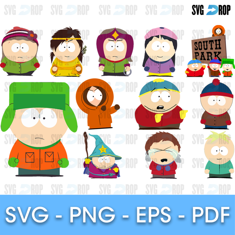 A sheet of full color South Park characters: Stan, Kyle, Cartman, Kenny, Wendy, Butters and others in the flat paper cutout style. SVG bundle