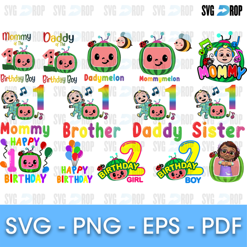 A full color Cocomelon birthday bundle: JJ and the watermelon logo with family titles like Mommy, Daddy, Brother, Sister, Dadymelon. SVG bundle