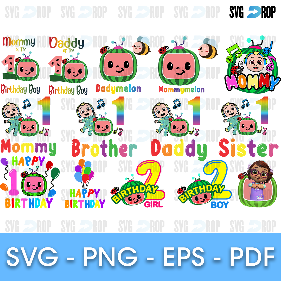 A full color Cocomelon birthday bundle: JJ and the watermelon logo with family titles like Mommy, Daddy, Brother, Sister, Dadymelon. SVG bundle