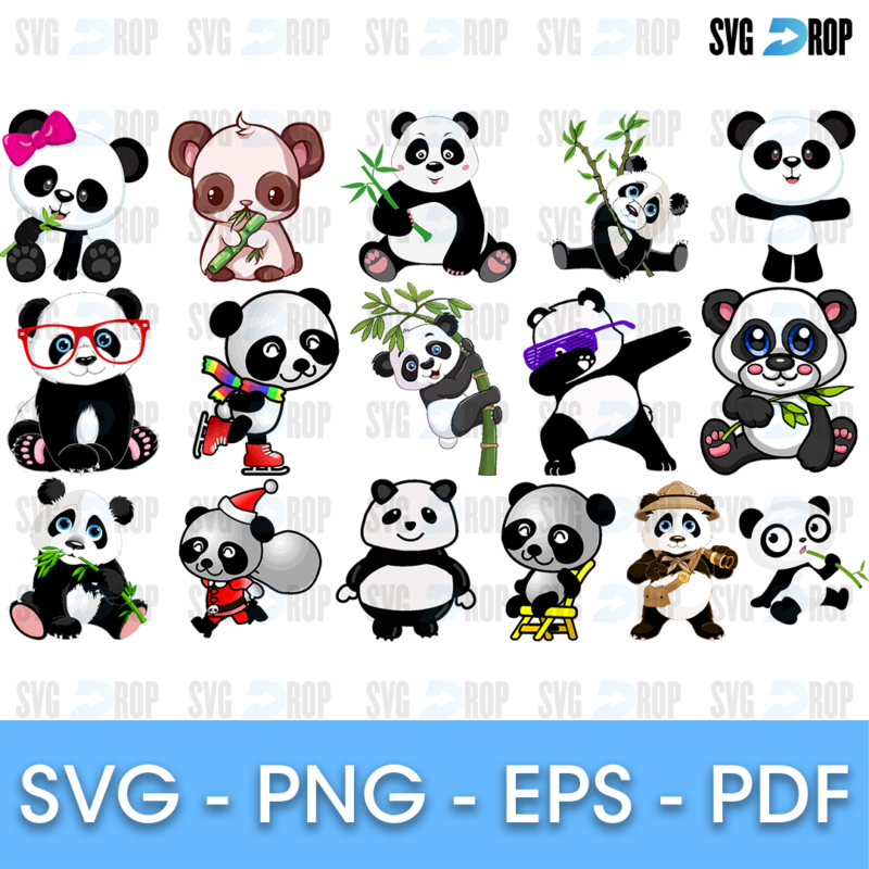 A cute panda set in full color: cartoon pandas eating bamboo, dabbing, wearing glasses, holding a heart, climbing and dressed as a safari. SVG bundle