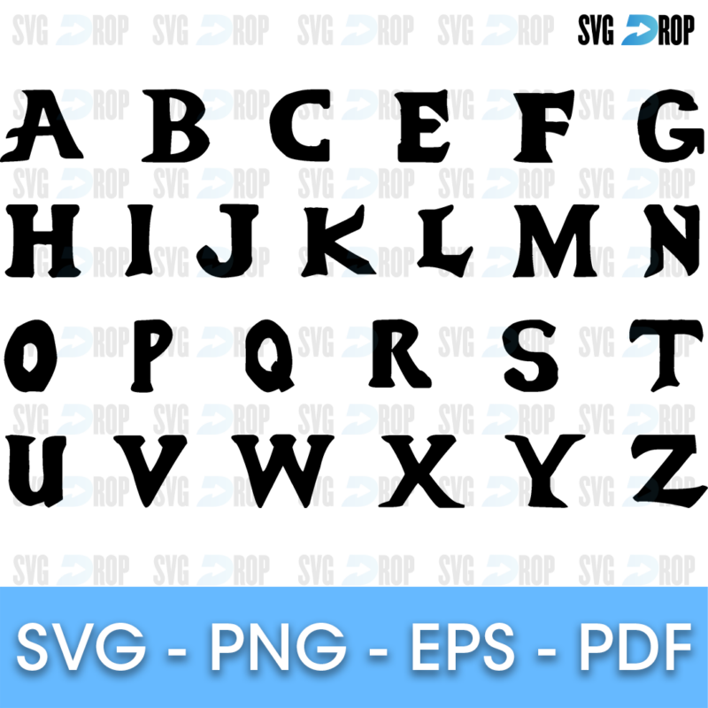 An Adventure Time style alphabet in bold black cartoon capitals with slightly flared, uneven strokes, in the look of the show’s. Font SVG cut file