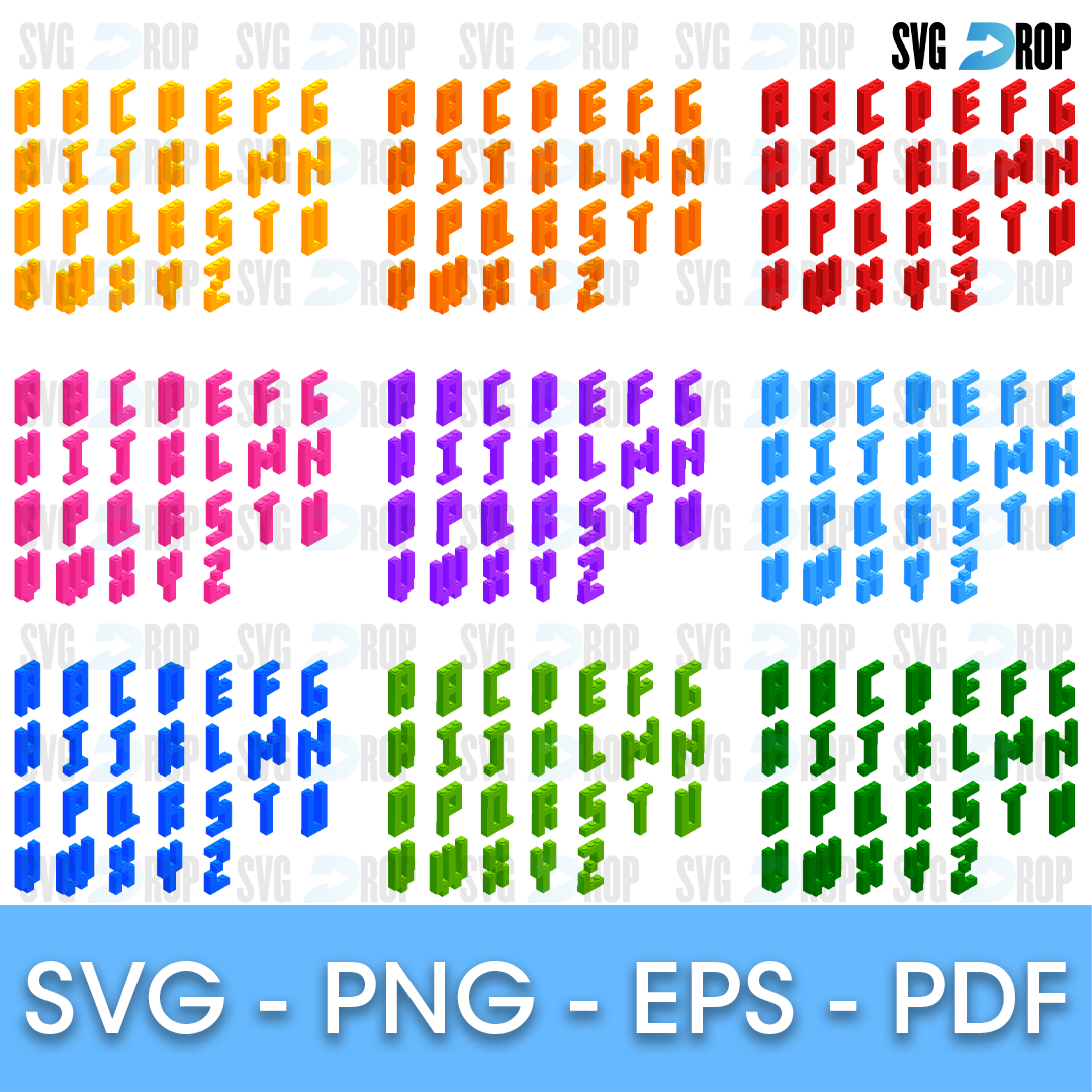 A brick style alphabet: chunky 3D block capital letters shown in orange, red, pink, purple, blue and green versions. Font SVG cut file