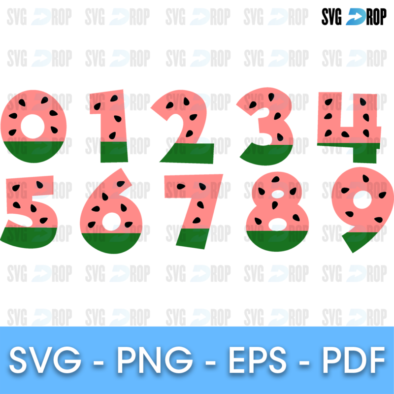 A number set of the digits 0 to 9 in rounded watermelon style, pink tops with black seeds and green rind bottoms, without characters. SVG cut file