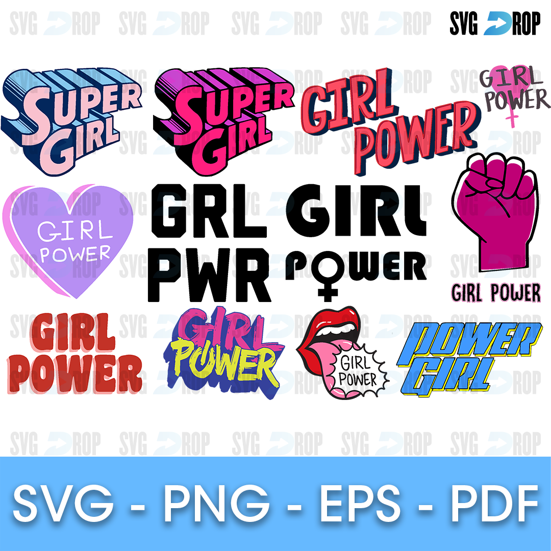 A girl power lettering set: Girl Power, Grl Pwr, Super Girl and Power Girl in black, pink and comic styles, with a raised fist, a heart. SVG bundle