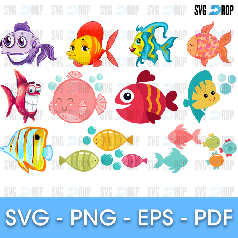 A cute fish set in full color: cartoon fish in orange, yellow, blue, red, pink and green, some smiling, with bubbles around them. SVG bundle