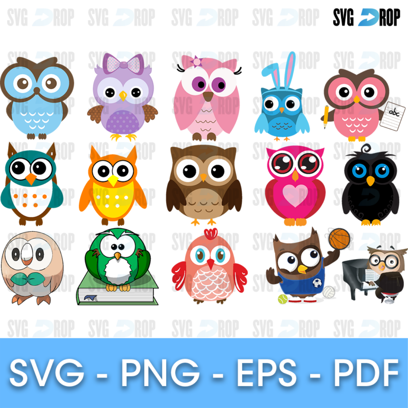 A set of full color cartoon owl designs: big-eyed owls in purple, pink, blue, green, brown and black, including an owl on a stack. SVG bundle