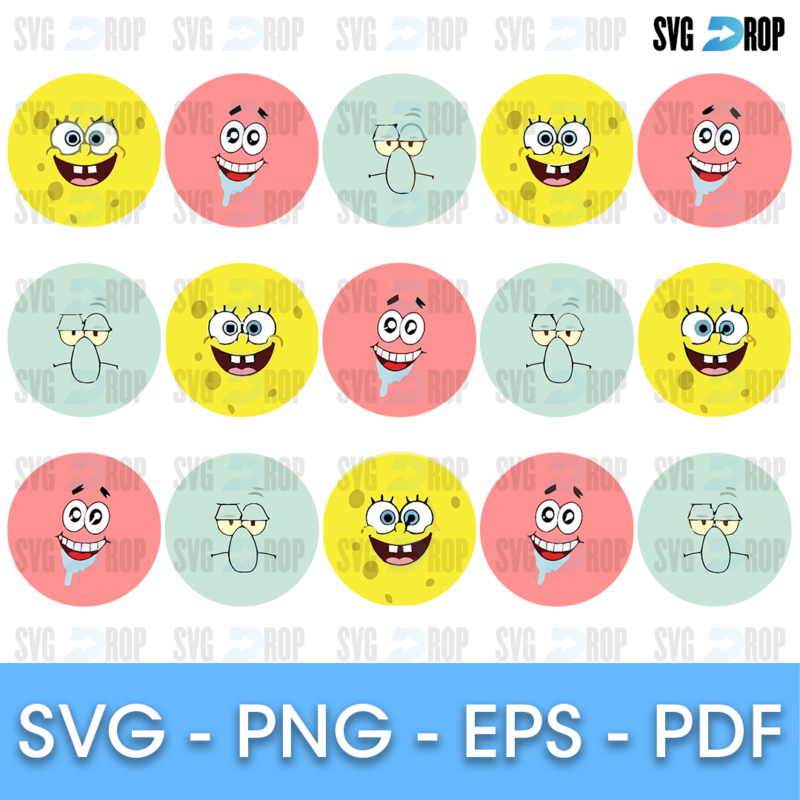 Sponge Bob Patrick and Squidward Circle Faces Bundle SVG