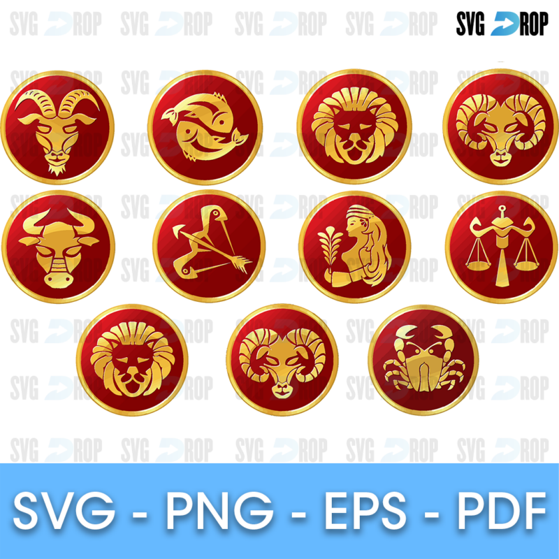 Zodiac Red and Gold Badges Bundle SVG